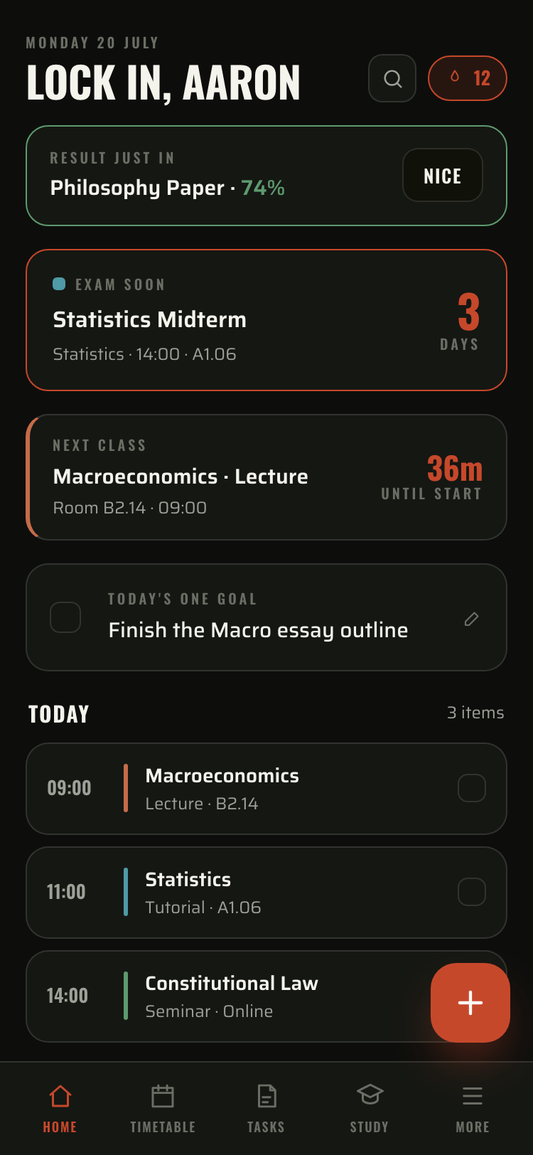 The Digital Student Planner home screen: a live 36 minute countdown to the next class, an exam three days away, and today's agenda