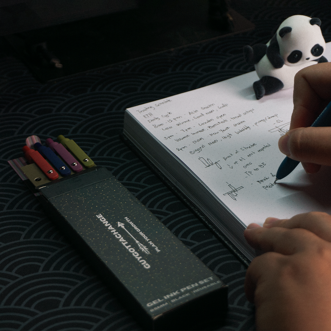 Writing a daily schedule with GuyGottaChange gel pen next to open 5-piece pen set box
