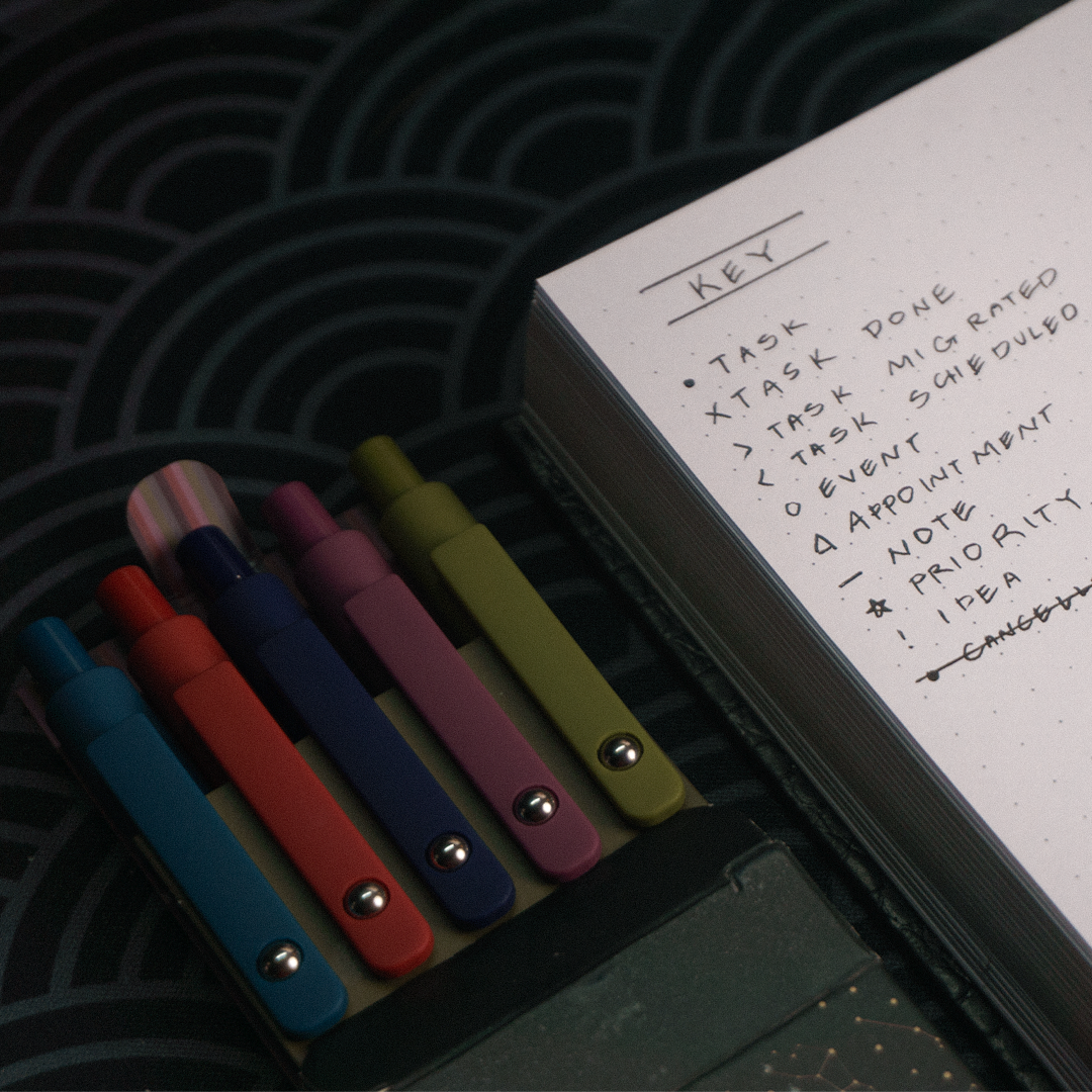 GuyGottaChange colorful gel pens with planner open to bullet journal key for tasks, events, and notes