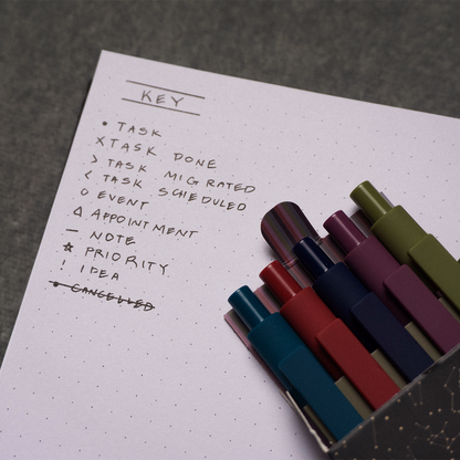 Bullet journal key page showing task symbols with colorful GuyGottaChange gel pens arranged alongside