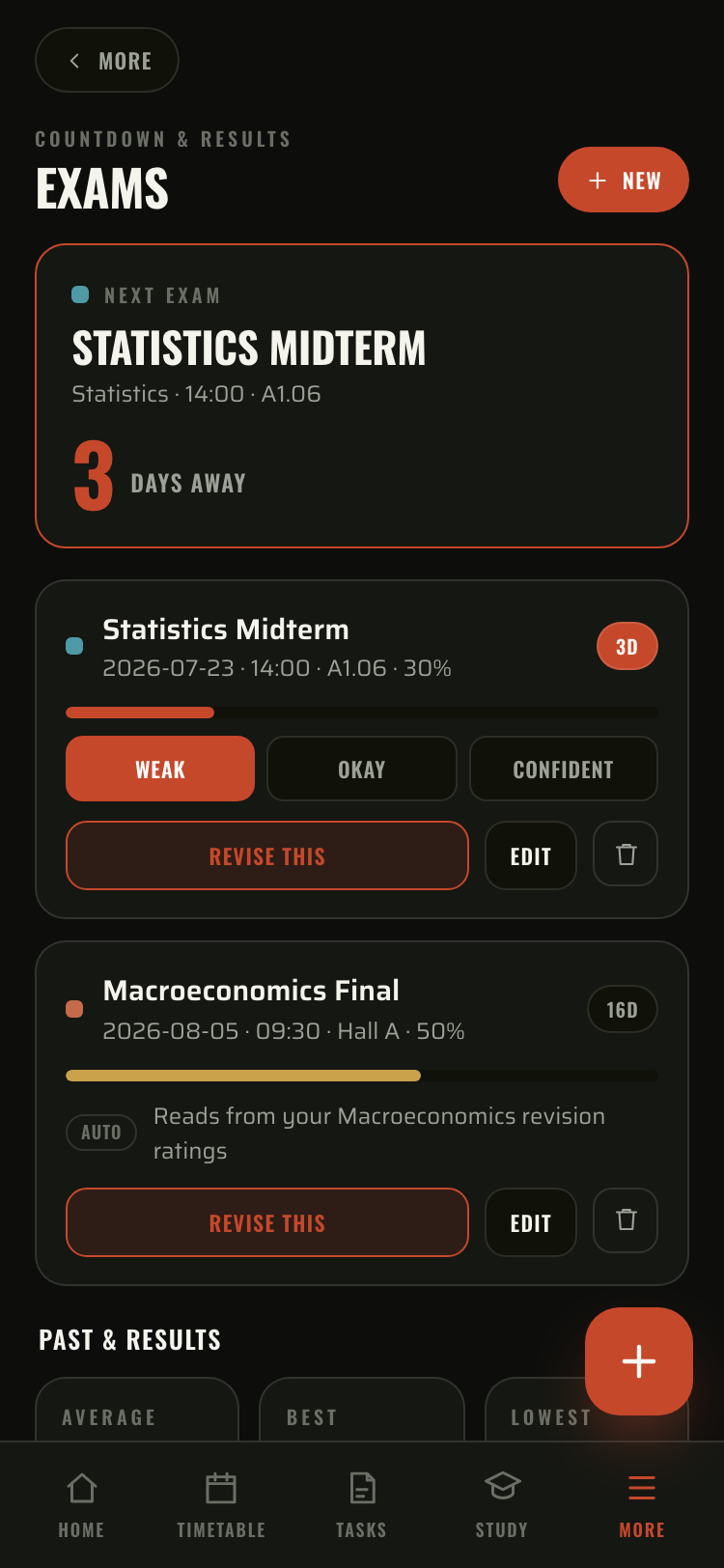 Exams screen showing a day countdown and a readiness bar