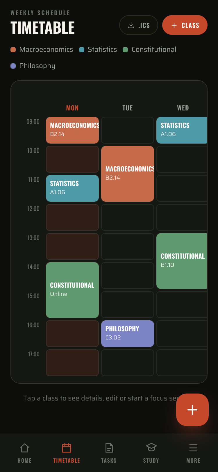 The planner's timetable: a colour coded weekly grid built automatically from an imported .ics file
